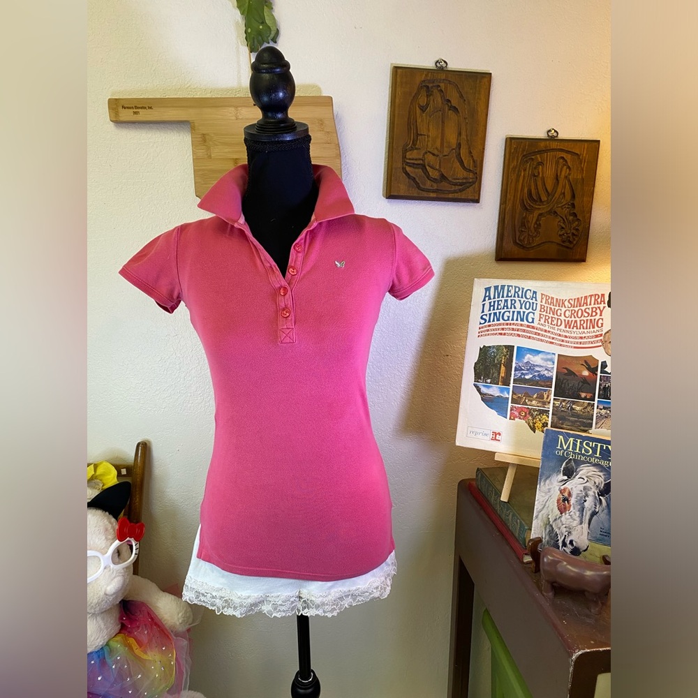 Y2K Vintage Aeropostale Pink Collared Polo Shirt Butterfly Small Preppy Girly
